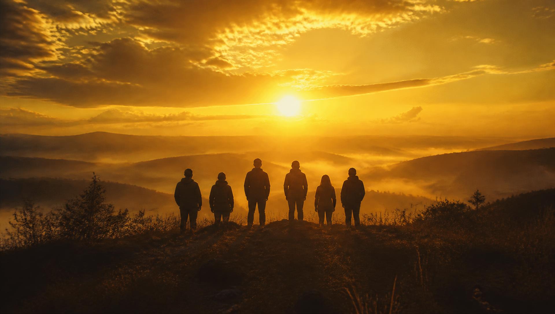 Golden sunrise over hills with a group standing together